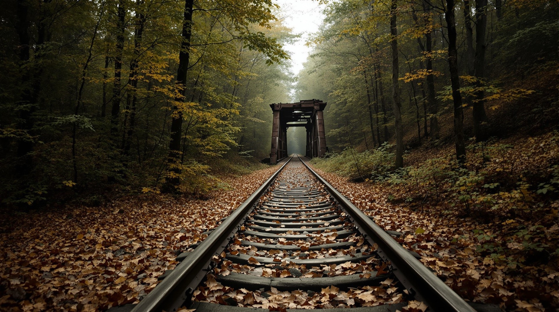 An overgrown abandoned railroad grade in the woods with faint old ballast and a decaying wooden trestle
