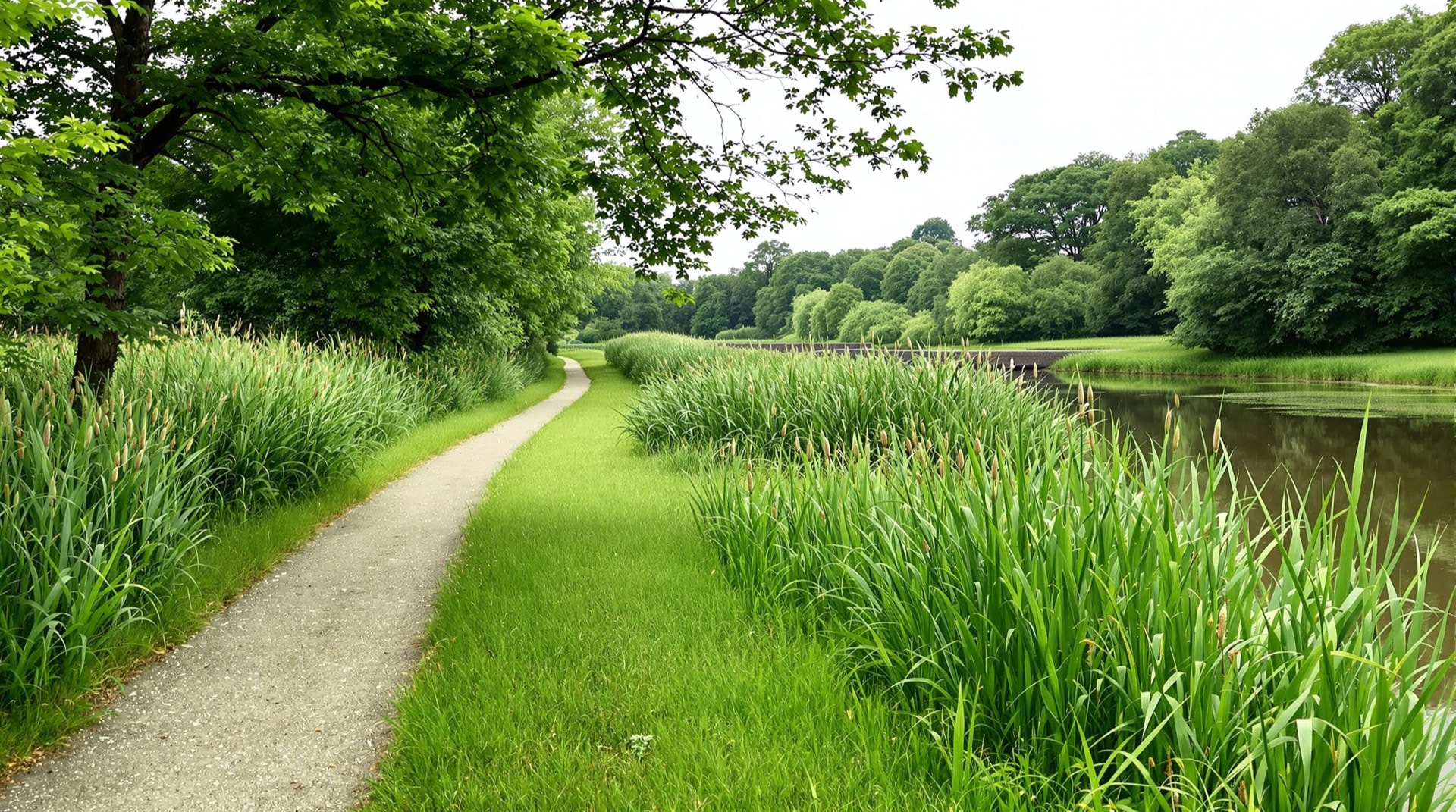 A greenway path along a river and old canal corridor with tall grasses and deciduous trees in western New York