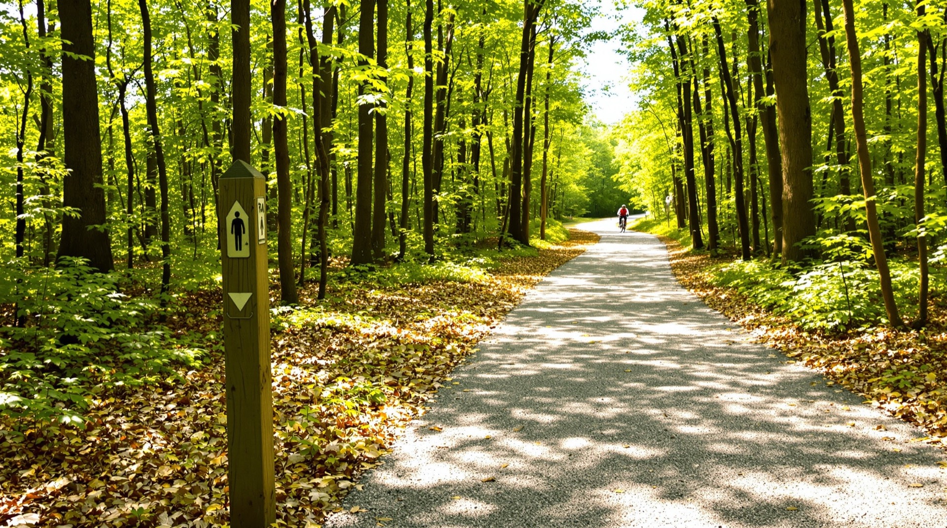 A sunlit crushed-stone rail-trail through leafy woods beside a plain wooden trail-marker post