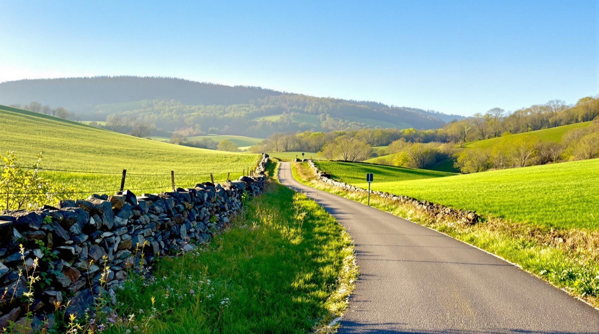 A paved rail-trail winding past stone walls and rolling hills in eastern New York in spring