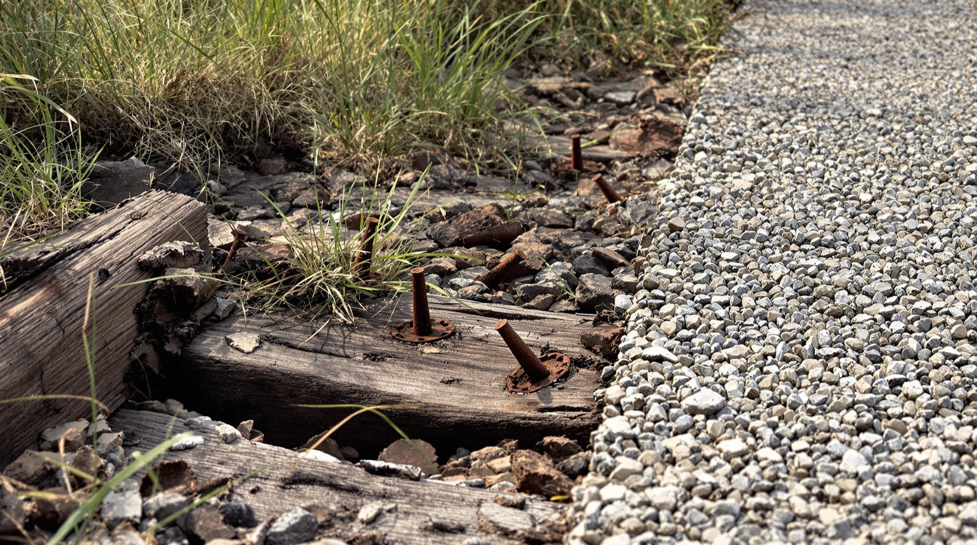Close-up of old weathered railroad ties and rusted spikes being reclaimed by grass beside a new crushed-stone trail surface