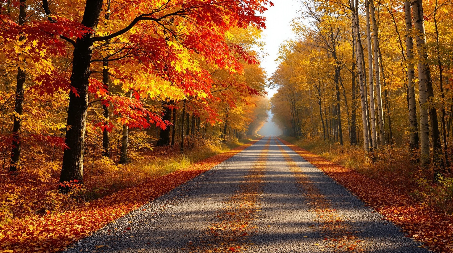 A tree-lined former railroad grade turned rail-trail receding into the distance in early autumn, dappled sunlight on a crushed-stone path
