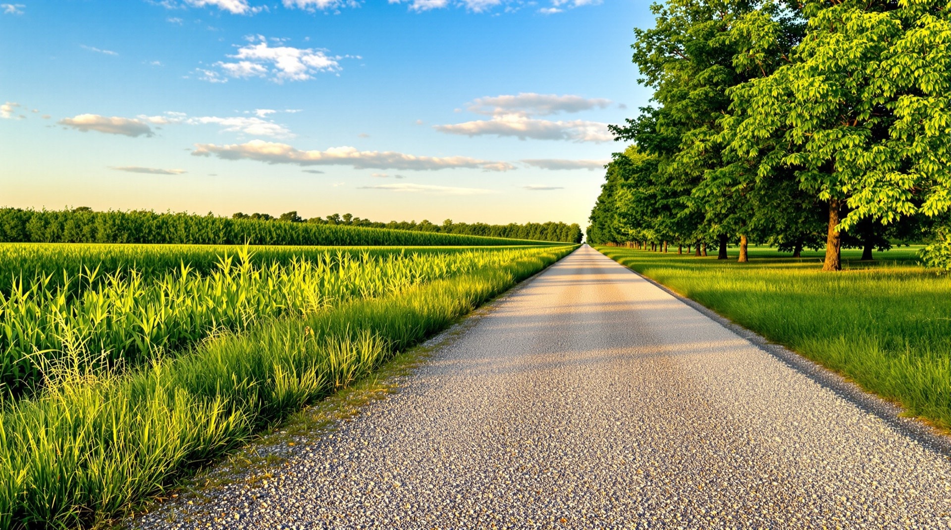 A wide crushed-stone rail-trail running between summer farmland and woods, inviting for cycling