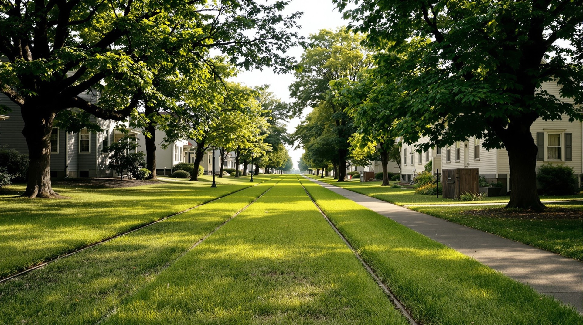 A grassy former trolley right-of-way running along the edge of a small New York town, lined with old trees