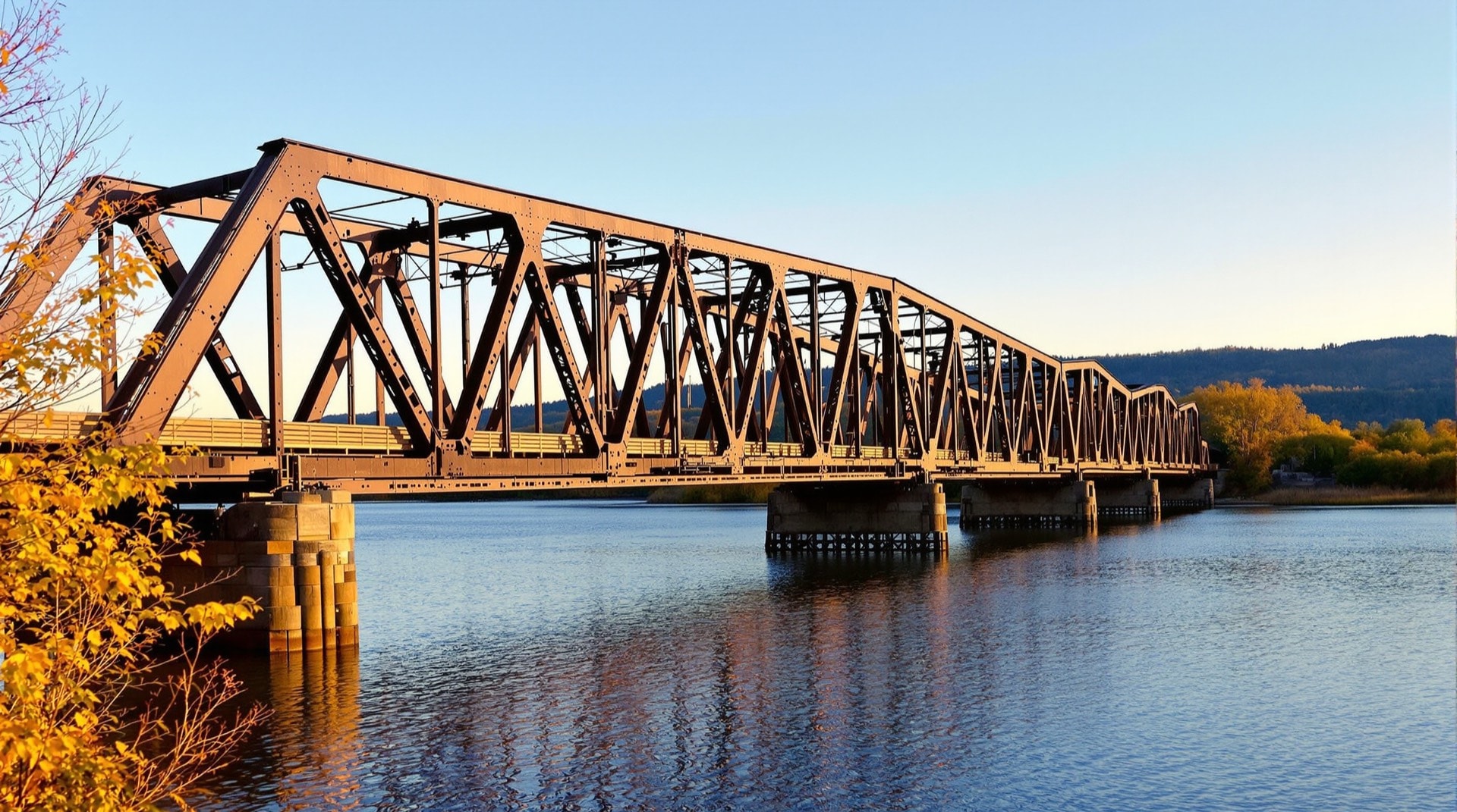 An old iron railroad trestle converted to a trail deck crossing a river in the Hudson Valley in warm light